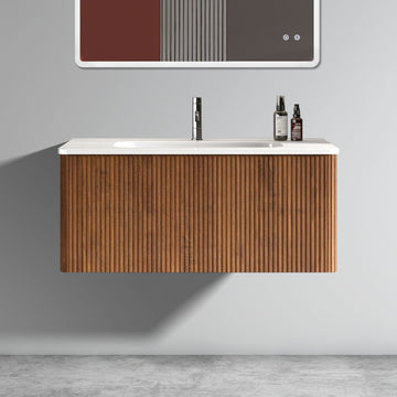 ClariSpring 36” Walnut Floating Wall Mounted Bathroom Vanity with Single Ceramic Sink, Pre-assembled