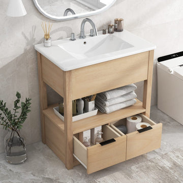 ClariSpring 30" Bathroom Vanity with Sink Top, with Open Storage Shelf and Two Drawers