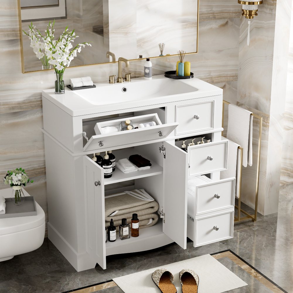 ClariSpring 36'' Bathroom Vanity with Single Sink, White Solid Wood Frame with Tops